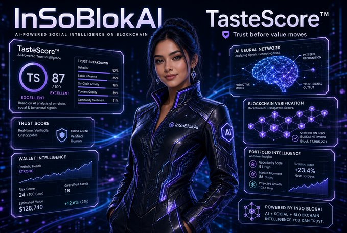 A promotional graphic for InSoBlokAI's TasteScore™ platform features a futuristic woman in a black and purple tech-styled jacket at the center, surrounded by dashboard panels displaying a Trust Score of 87/100 (Excellent), Trust Breakdown metrics (Behavior 92%, Social Influence 85%, On-Chain Activity 78%, Content Quality 89%, Community Sentiment 91%), Trust Score proof verified on the InSo blockchain (Block 17,085,221), Wallet Intelligence ($128,740 estimated value), and Portfolio Intelligence showing a 91 High Opportunity Score and +23.4% Next 30 Days growth, visually reinforcing the post's message that TasteScore™ serves as essential trust infrastructure ensuring value only moves when confidence is established.