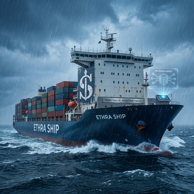 A large blue cargo ship named 'ETHRA SHIP' sails through rough seas in the rain, with on-screen graphics showing 'ON-CHAIN ASSETS' and 'REAL VALUE. MARITIME YIELD.'