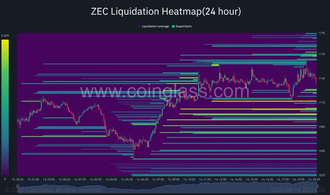 A financial chart titled "ZEC Liquidation Heatmap (24 hour)" from Coinglass showing price action with horizontal liquidation leverage bands and a candlestick overlay.