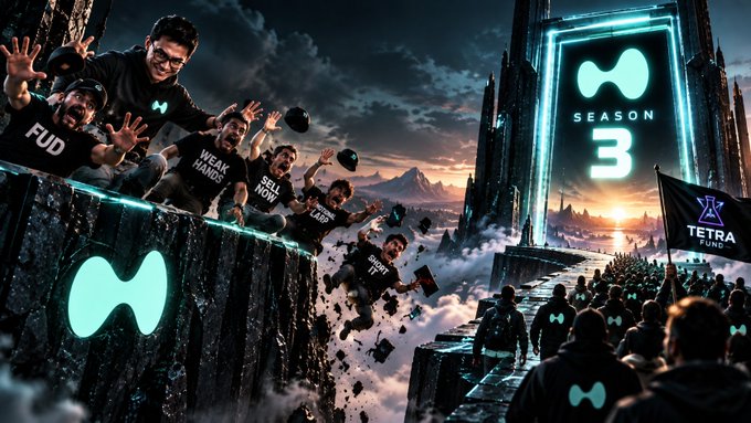 A promotional image for 'SEASON 3' showing people wearing shirts with slogans like 'FUD', 'WEAK HANDS', and 'SELL NOW' jumping off a cliff, while crowds below hold signs including one for 'TETRA FUND'.