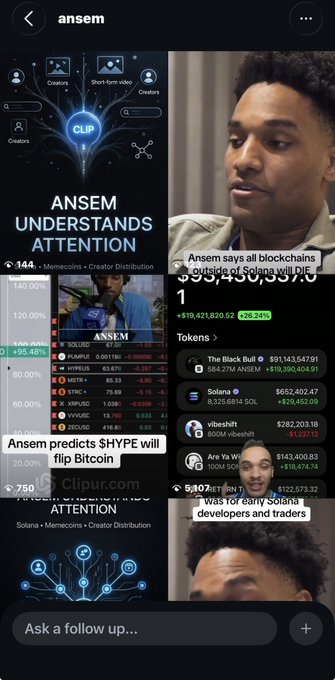A mobile app screenshot showing crypto content creator 'ansem,' featuring his predictions about HYPE and Solana, alongside token listings for The Black Bull, Solana, vibeshit, and Are Ya Win.