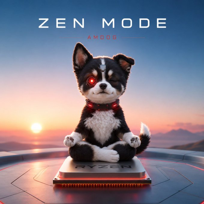 A black and white husky-puppy hybrid with a glowing red robotic eye sits cross-legged in a meditative pose atop a Ryzen processor, set against a sunset backdrop with "ZEN MODE" and "AMDOG" text displayed above. The image reflects the post's rebrand announcement, fusing the AMD "Zen Mode" CPU aesthetic with the meme token's AMDog branding.