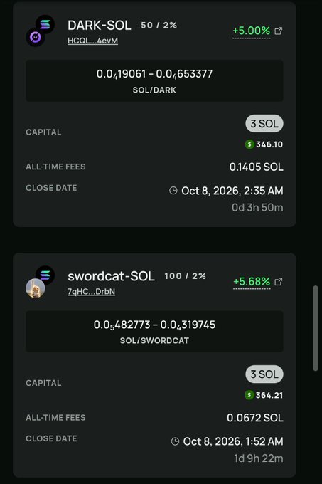 A mobile app screenshot displaying cryptocurrency liquidity pool details for DARK-SOL and swordcat-SOL tokens on Solana with capital amounts in SOL.