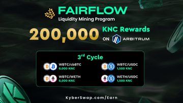 The image features a promotional poster for a cryptocurrency mining platform called @Arbitrum. The poster displays an advertisement for the FairFlow Liquidity Mining Program, which offers rewards for participating in its 3rd cycle of mining. The poster also highlights that there is more fuel available in the tank at the platform and mentions that the rewards have been bumped up from the previous round, increasing them by 2x compared to the previous cycle.