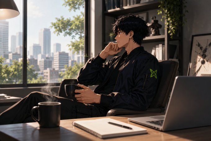 Anime-style illustration of a dark-haired young man in a black jacket sitting in a modern office with a city view, coffee mug, and laptop.