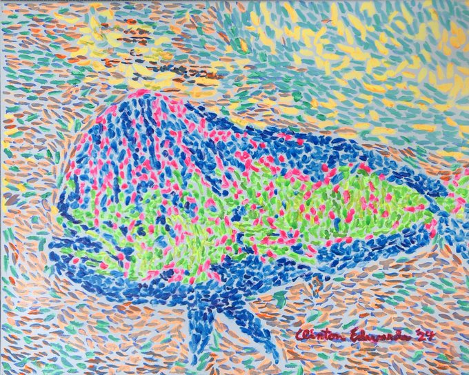 A vibrant, pointillist-style painting of a colorful mahi-mahi fish rendered in bright pinks, greens, and blues, signed "Cüster Edgerton '22" in the lower right corner, corresponding to the listed artwork "Mahi Mahi" priced at $125 plus optional $25 for NFTs.