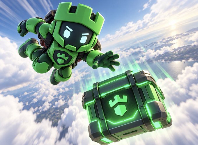 A green armored robot dives through the clouds alongside a glowing green loot chest, fitting a Solana-themed giveaway post featuring a $20 SOL prize drop for those who engage with the quote and share their wallet address.