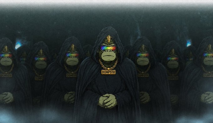 A dark, atmospheric digital artwork depicting hooded monkey figures wearing gold chains with 'DUMPSTR' nameplates and rainbow-colored sunglasses, with one central figure prominently featured.