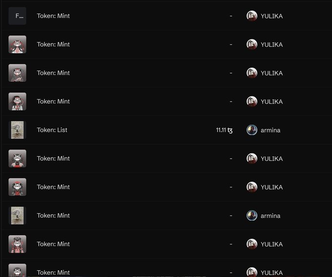 A dark-themed list of NFT token transactions showing multiple entries with 'Token: Mint' and one 'Token: List' priced at 11.11, with usernames 'YULIKA' and 'armina' listed as the transacting parties.