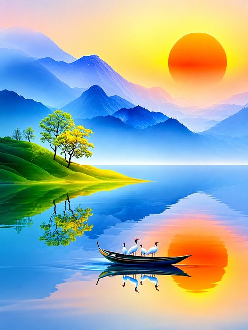Vibrant digital painting of a serene lake reflecting a large orange sun, with blue mountains in the background, green hills with a tree on the left, and a small boat carrying white birds on the water.