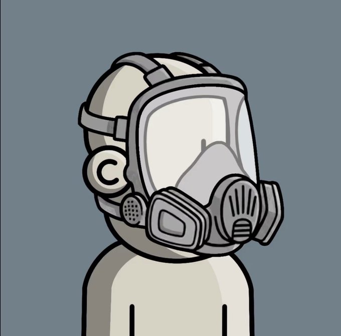 The image features a cartoon character wearing a gas mask. The character appears to be a person, possibly a human or an anthropomorphic animal, with a serious expression as they look directly at the camera. The background of the image is blue, which contrasts nicely with the white color of the gas mask and adds depth to the scene. The caption below the image reads: "I’ve believed in this community since day one while others were spreading FUD. Now it's time to send it to 0 @npconchain".