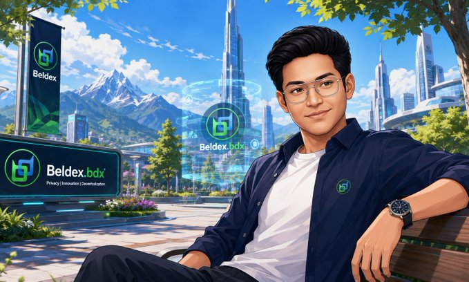 An animated illustration of a young man with glasses in a dark blue shirt sitting on a bench in a futuristic cityscape with the 'Beldex.bdx' logo and slogans 'Privacy | Innovation | Decentralization' displayed prominently.
