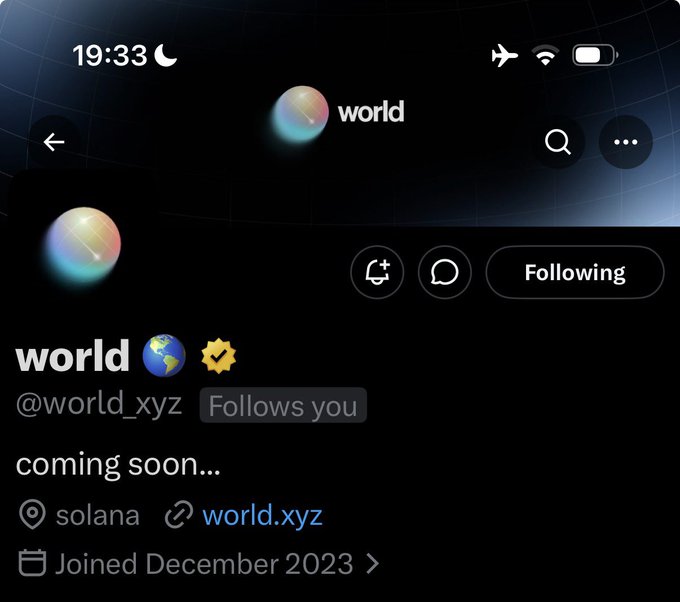 A Twitter/X profile screenshot for "world" (@world_xyz) displaying "coming soon..." as the bio, with location set to Solana and a link to world.xyz, joined December 2023. The image shows a project with minimal information that is following the user, prompting questions about its purpose, optimistic outlook, and whether it should bridge to Ethereum.