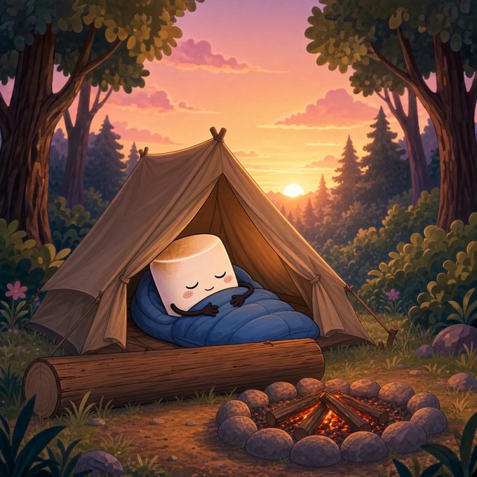 A whimsical digital illustration of a cute, sleeping marshmallow character resting inside a sleeping bag within a tent at a forest campsite, with a campfire nearby and a sunset in the background.