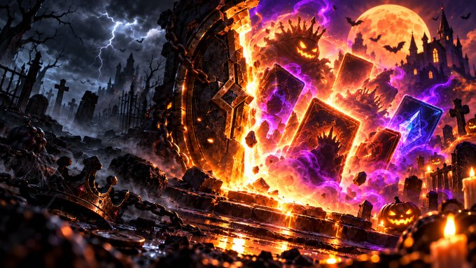 Halloween-themed fantasy artwork depicting glowing mystical cards emerging from a fiery portal, surrounded by jack-o'-lanterns, a gothic castle, and a graveyard under a full moon with lightning.