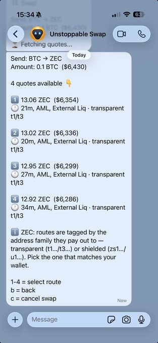 A screenshot of a mobile chat with "Unstoppable Swap" showing BTC to ZEC exchange quotes ranging from 12.92 to 13.06 ZEC for 0.1 BTC ($6,430), illustrating the wallet's built-in swap feature being highlighted in the accompanying post about Unstoppable wallet's enhanced Zcash capabilities beyond traditional ZEC-only wallets.