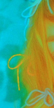 An abstract fluid art piece with swirling patterns of turquoise blue and warm orange-red colors, featuring delicate curly line details that resemble hair strands floating through the composition.