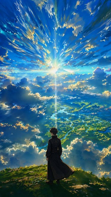 An anime-style illustration of a figure in a dark coat standing on a grassy cliff edge, looking out over a vast green landscape with rivers and mountains beneath a dramatic sky with sun rays and clouds.