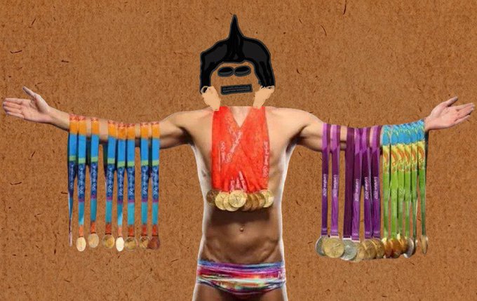 The image features a man standing against an orange background with his arms spread wide open. He has a collection of medals around him, including gold, silver, bronze, and even some colorful ones. The man's face is drawn over his head, giving the impression that he is wearing a mask or a costume. The post seems to be promoting a new project called "Early Alpha" with a focus on blockchain technology and cryptocurrency.