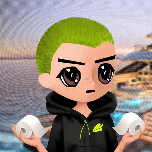 A cartoon avatar with green hair and a black hoodie holds two rolls of toilet paper, with a waterfront and buildings in the background.