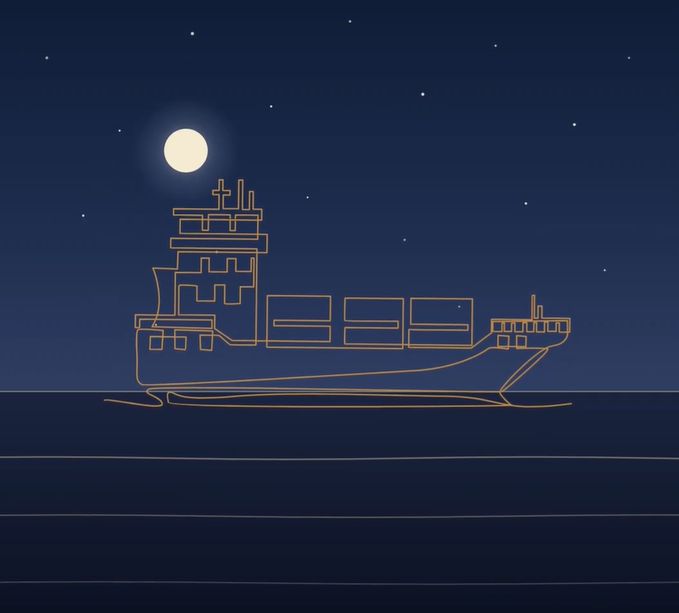A golden line-art cargo ship sails under a full moon and starry night sky, illustrating how global shipping continues around the clock. The image visually reinforces the post's message that logistics operations don't pause when the sun sets—instead, they transition seamlessly to night-shift teams, much like the EthraShip Protocol's vision for non-stop shipping.