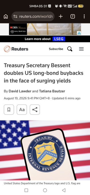 A mobile screenshot of a Reuters article titled 'Treasury Secretary Bessent doubles US long-bond buybacks in the face of surging yields' by David Lawder and Tatiana Bautzer, dated August 19, 2026.
