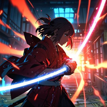 An anime-style illustration of a character wielding glowing blue and red energy swords in a dynamic battle pose.
