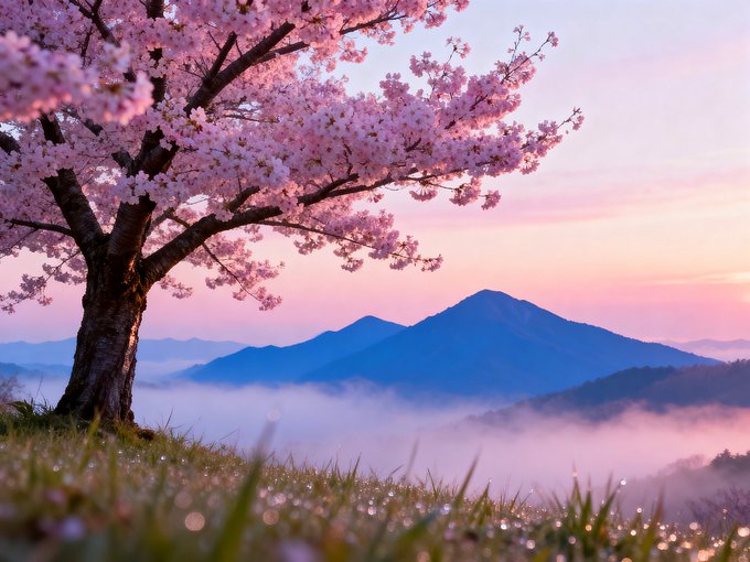 A serene landscape photograph showing a cherry blossom tree in full bloom with a misty valley and mountain peaks in the background at sunset or sunrise.