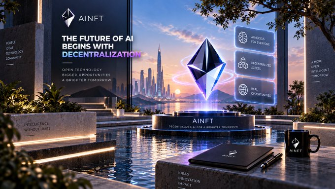 A promotional graphic for AINFT featuring a glowing Ethereum-like diamond logo over a futuristic city pool, with text 'THE FUTURE OF AI BEGINS WITH DECENTRALIZATION' and listing features like 'AI MODELS FOR EVERYONE' and 'DECENTRALIZED ACCESS.'