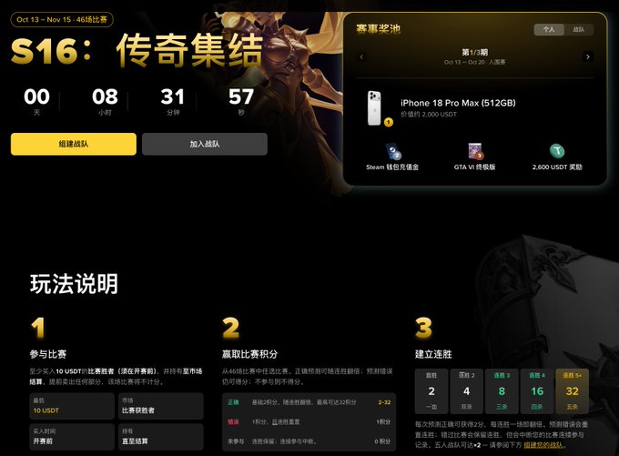 Chinese promotional webpage for an S16 tournament event titled 'S16: 传奇集结' featuring a countdown timer and prize information including an 'iPhone 18 Pro Max (512GB)' reward.