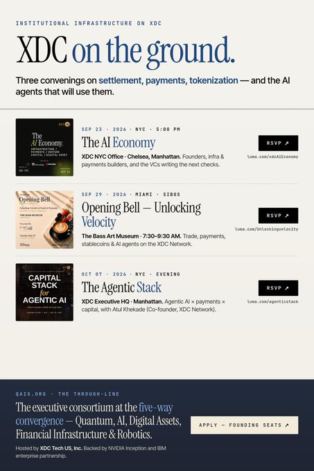 An event announcement page for 'XDC on the ground' listing three institutional infrastructure events including 'The AI Economy' on September 23, 2026 in NYC, 'Opening Bell - Unlocking Velocity' on September 29, 2026 in Miami, and 'The Agentic Stack' on October 7, 2026.
