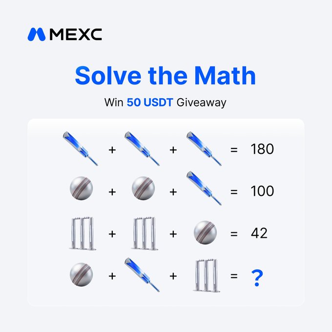 A MEXC 'Solve the Math' puzzle asking viewers to calculate an equation involving pens, metallic balls, and bowling pins, with a 'Win 50 USDT Giveaway' offer.