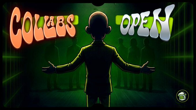 A green-tinted graphic featuring a silhouetted figure with outstretched arms surrounded by shadowy people, with the text 'COLLABS' in orange and 'OPEN' in white.