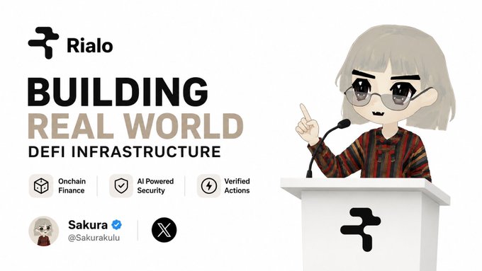 A promotional graphic for Rialo featuring an anime-style character with short gray hair and glasses speaking at a podium, alongside the tagline "BUILDING REAL WORLD DEFI INFRASTRUCTURE" and feature highlights for Onchain Finance, AI Powered Security, and Verified Actions. The post by Sakura (@Sakurakulu) emphasizes Rialo's focus on connecting onchain logic with practical financial activity, aligning with the image's message about real-world DeFi infrastructure.