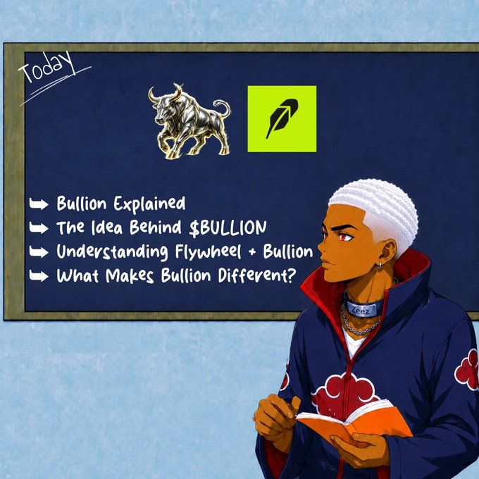 An anime-style character with white hair and a red cloud cloak stands before a chalkboard titled 'Today' that lists topics: 'Bullion Explained', 'The Idea Behind $BULLION', 'Understanding Flywheel + Bullion', and 'What Makes Bullion Different?', with a bull logo and feather icon displayed.