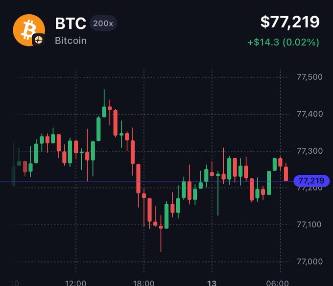 A cryptocurrency price chart for Bitcoin (BTC) showing a current price of $77,219 with a daily change of +$14.3 (0.02%).