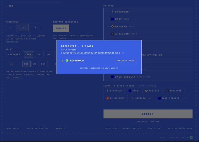 The image shows a deployment confirmation modal for "1 CHAIN" via Robinhood wallet, displaying a vault address (0x006CD514F36F65eCb829b2519cC8e63A0DC8549F2) with a "CONFIRM IN WALLET" prompt overlaid on a multisig configuration interface featuring options for Ethereum, Base, Regreth, and Arbitrum networks. This directly relates to the post announcing timelocked multisigs now available on the Robinhood Crypto chain, with the screenshot capturing the moment of deploying such a multisig contract.