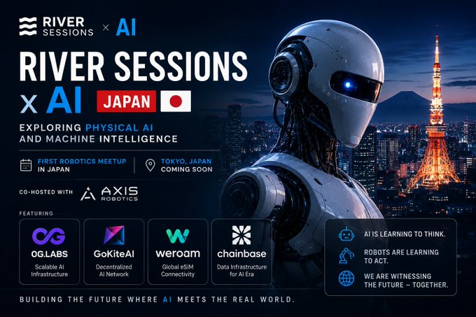 Promotional poster for 'River Sessions x AI Japan,' the first robotics meetup in Tokyo, co-hosted with Axis Robotics and featuring OG.LABS, GoKiteAI, weroam, and chainbase.