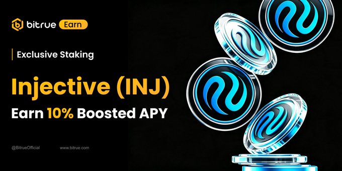 A Bitrue Earn promotional banner advertising an exclusive staking offer for Injective (INJ), highlighting a 10% boosted APY, with the Bitrue logo and website displayed alongside floating 3D INJ tokens on a dark background. The image visualizes the post's call to "put your $INJ to work" by showcasing Bitrue's staking opportunity to earn passive yield while supporting the Injective ecosystem's on-chain financial infrastructure.