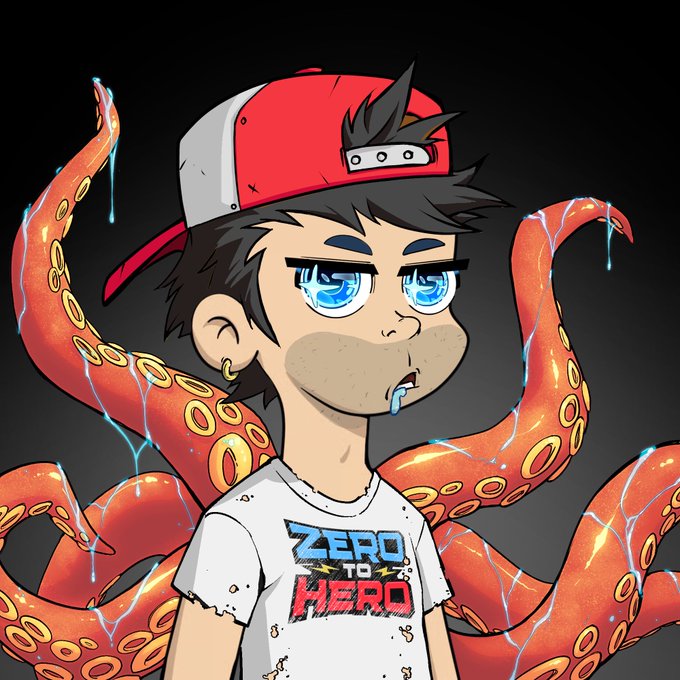 An anime-style cartoon illustration of a boy in a red cap wearing a 'Zero to Hero' shirt with glowing red octopus tentacles and electricity effects.