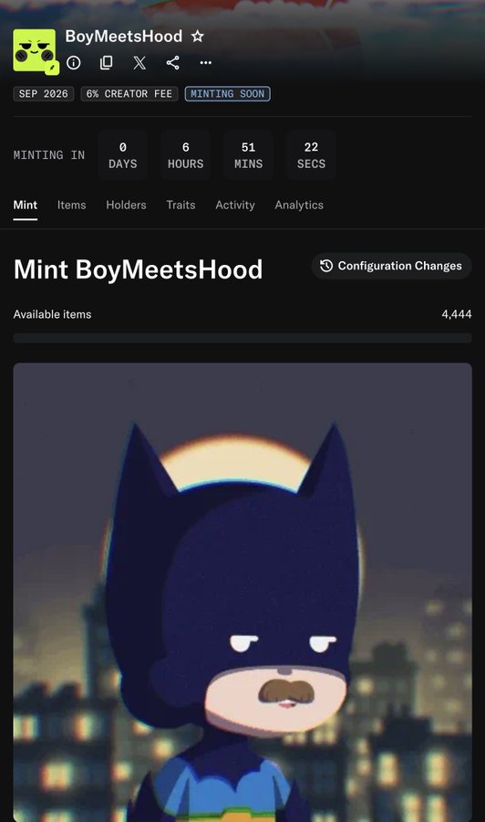 A screenshot of an NFT minting page for 'BoyMeetsHood' showing a 6% creator fee, 'MINTING SOON' status, a countdown timer of 0 days, 6 hours, 51 minutes, 22 seconds, and 4,444 available items, featuring an illustration of a Batman-like character with a mustache.