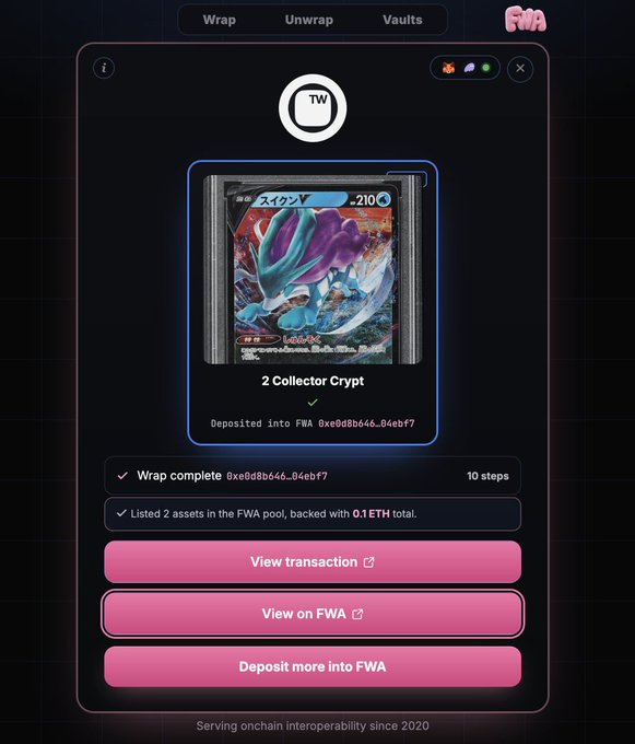 A screenshot of a crypto/NFT platform interface showing a Pokémon card wrap transaction, with '2 Collector Crypt' deposited into FWA, featuring pink 'View transaction,' 'View on FWA,' and 'Deposit more into FWA' buttons.