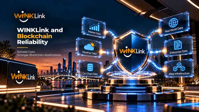 WINkLink promotional banner titled 'WINkLink and Blockchain Reliability: Reliable Data. Stronger Blockchain Applications.' showing a glowing shield graphic with data categories including Market Data, Weather Data, On Chain Data, Real World Data, Enterprise Data, and dApp Infrastructure.