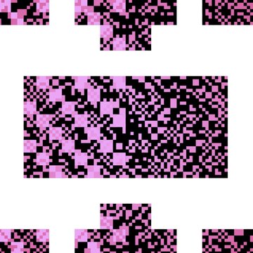 A pixelated image with pink and black squares arranged in a pattern on a white background.