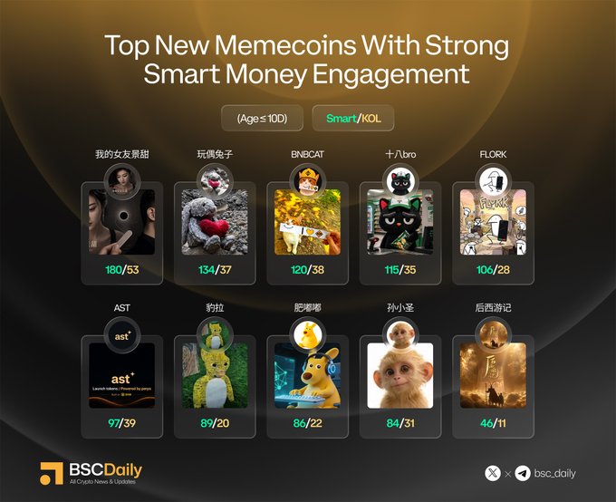 This graphic from BSCDaily showcases the "Top New Memecoins With Strong Smart Money Engagement," featuring ten tokens aged ≤10D across Smart/KOL categories, including 我的女朋友部 (180/53), 玩偶兔子 (134/57), BNBCAT (120/38), 十八bro (115/35), FLORK (106/28), AST (97/39), 豹拉 (89/20), 肥嘟嘟 (86/22), 孙小圣 (84/31), and 后西游记 (46/11), directly corresponding to the post's listed memecoins.