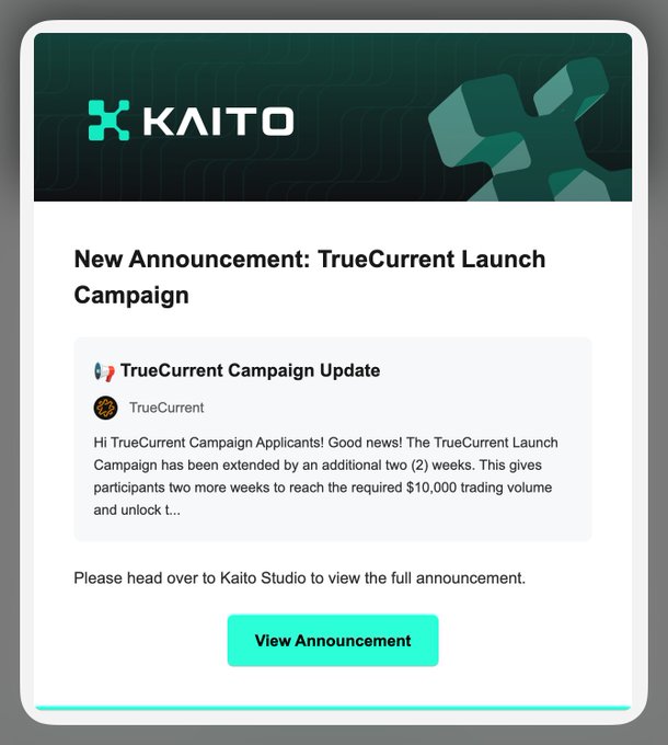 A Kaito platform announcement about the 'TrueCurrent Launch Campaign' being extended by two additional weeks to help participants reach the required $10,000 trading volume, with a 'View Announcement' button.