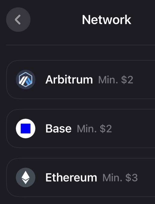 A mobile app interface showing a 'Network' selection screen with options for 'Arbitrum', 'Base', and 'Ethereum', each displaying a minimum transaction amount in dollars.