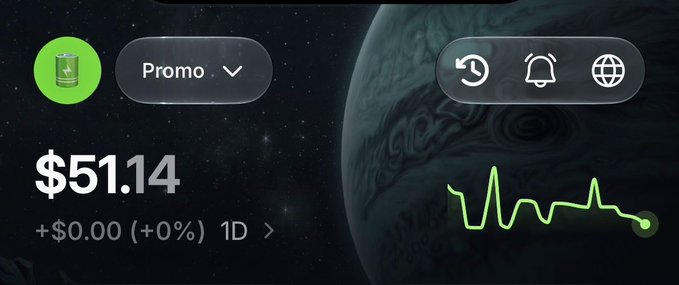 A digital wallet or trading interface displays a balance of $51.14 with a "Promo" selector and a 1D chart showing no change (+$0.00, +0%), set against a space-themed background featuring a planet. The image appears to showcase a crypto-related prize pool for a $50 giveaway contest requiring follows, retweets, and Solana wallet addresses.