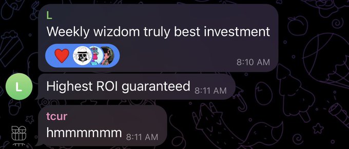 A Discord chat screenshot shows user "L" claiming "Weekly wizdom truly best investment" with a heart and profile reaction emojis, followed by "Highest ROI guaranteed" and another user responding skeptically with "tcur hmmmmm." The image is used to promote the WeeklyWizdom.com service, illustrating the platform's bold ROI promises and the mixed reactions from skeptical users.
