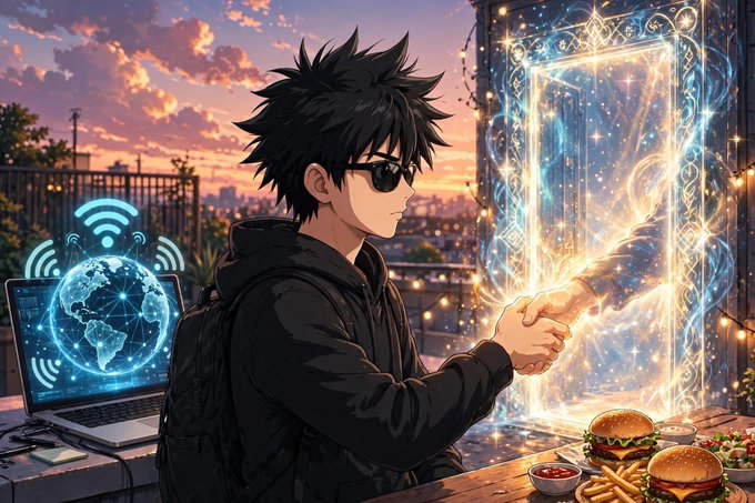 An anime-style image shows a dark-haired character with sunglasses holding a glowing magical scroll that projects a portal-like image, standing beside a holographic Earth globe emitting Wi-Fi signals and a table with burgers and fries at sunset.